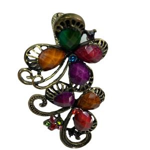 Vintage Beaded Bejeweled Multi Color Burnished Old Gold Hair Clip 4 inch